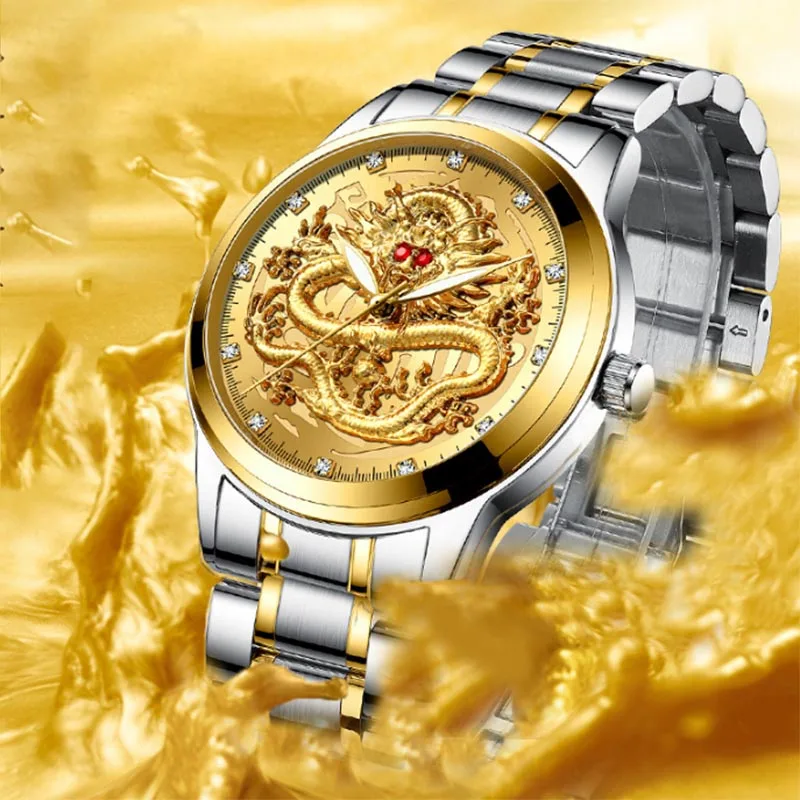 

Men Waterproof Luminous Quartz Watch Luxury Gold Dragon Dial with Steel Leather Strap KQS8