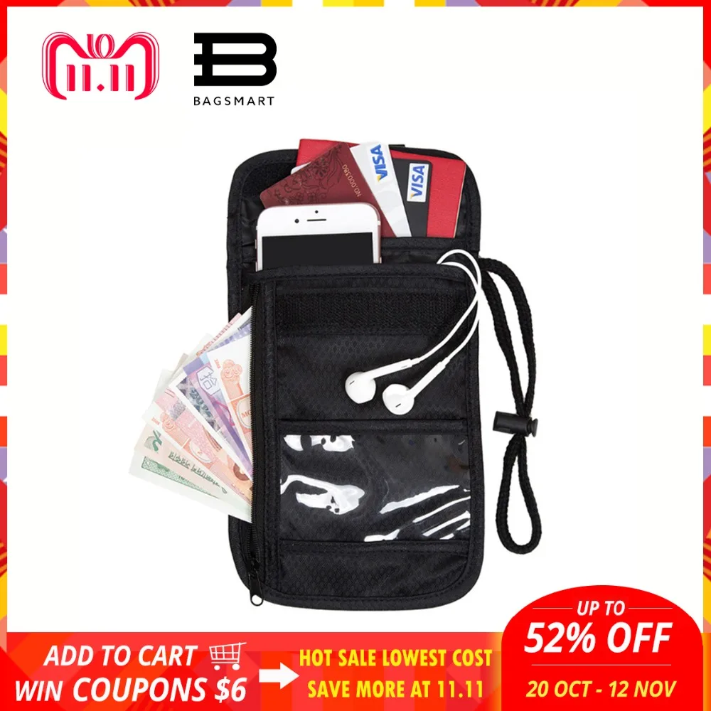BAGSMART RFID Passport Holder Cover Nylon ID Card Travel Neck Pouch