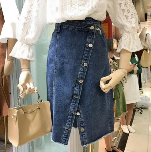 

2018 Autumn New Casual Jean Skirt Women Korean Asymmetrical Vent Empire Button Skirt