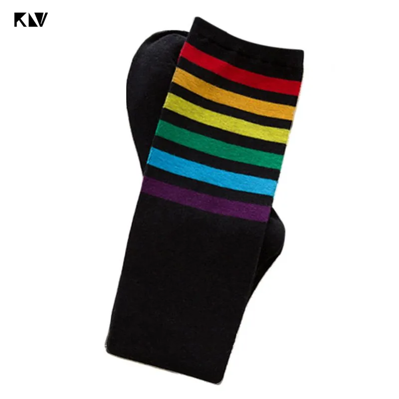KLV женские корейские радужные горизонтальные полосатый длина до колена длинные носки консервативный стиль Harajuku студенческие спортивные жаккардовые хлопковые чулки - Цвет: Черный