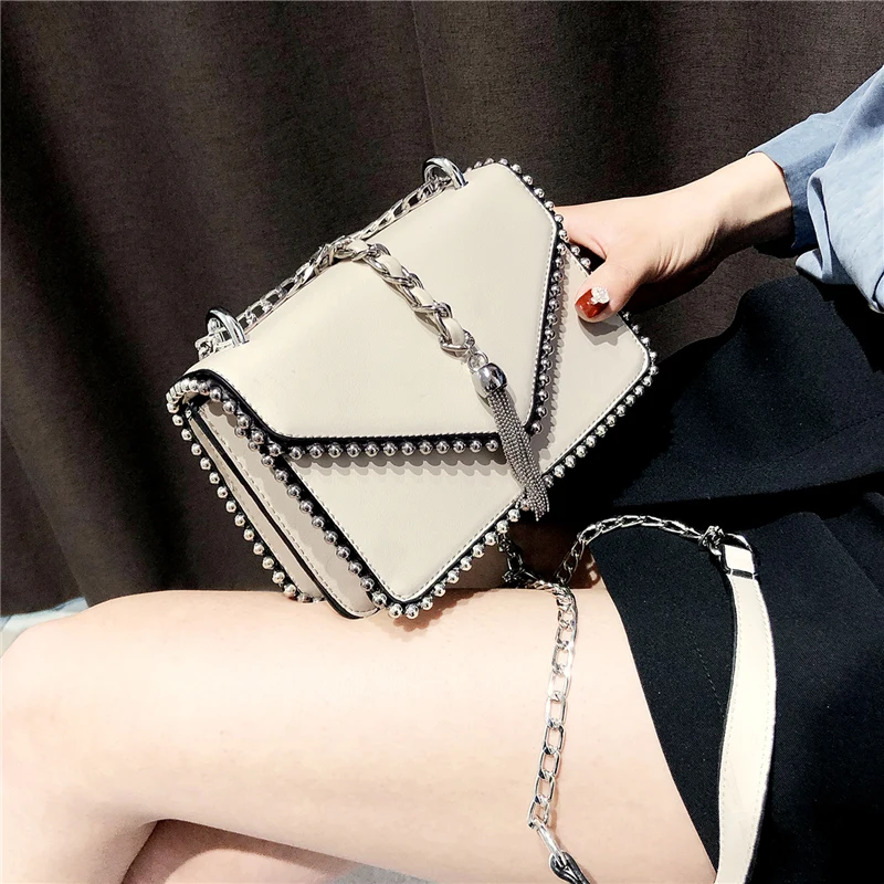 

British Fashion Simple Small Square bag Women's Designer Handbag 2018 High-quality PU leather Rivet Tassel Chain Shoulder bags