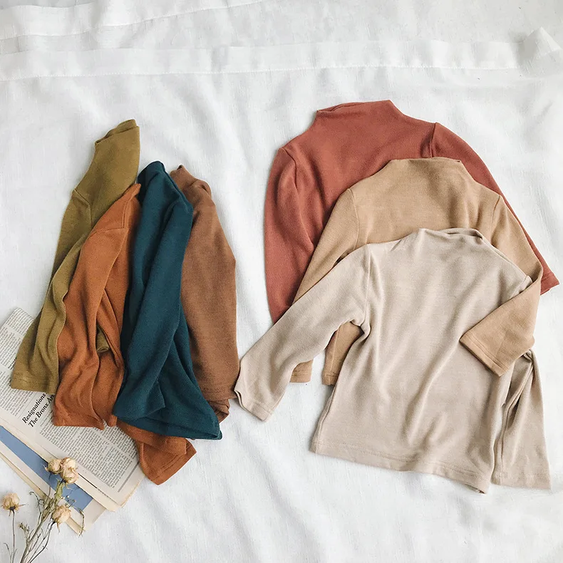 Online Camiseta de las muchachas colores sólidos manga larga chica Tops 100% algodón bebés y los muchachos del niño ropa de cuello alto que basa la camisa