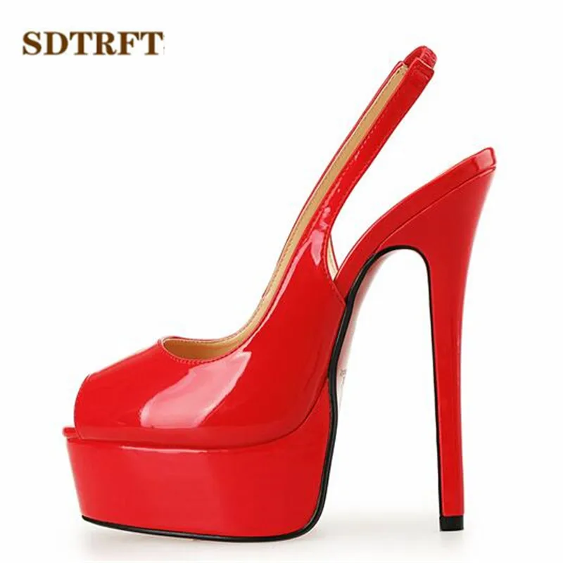 

SDTRFT Plus:40-46 47 48 Gold bottom Sandals 16cm thin heels Patent leather platform wedding shoes woman sexy Peep Toe pumps