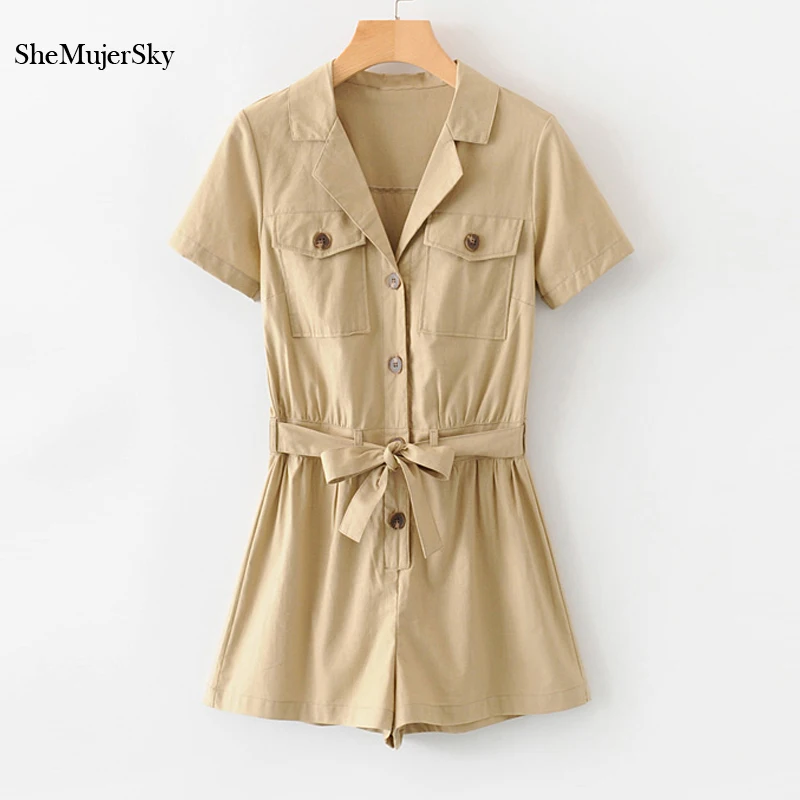 

SheMujerSky Khaki Rompers Womens Jumpsuit Turn-down Collar Playsuit Office Lady Sashes Overalls 2019