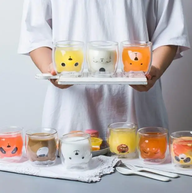 Стеклянная креативная прозрачная кофейная кружка с двойными стенками и изображением медведя, кота, утки, молочного сока, милая чашка, подарок для девушки, чашка с кошачьей лапой