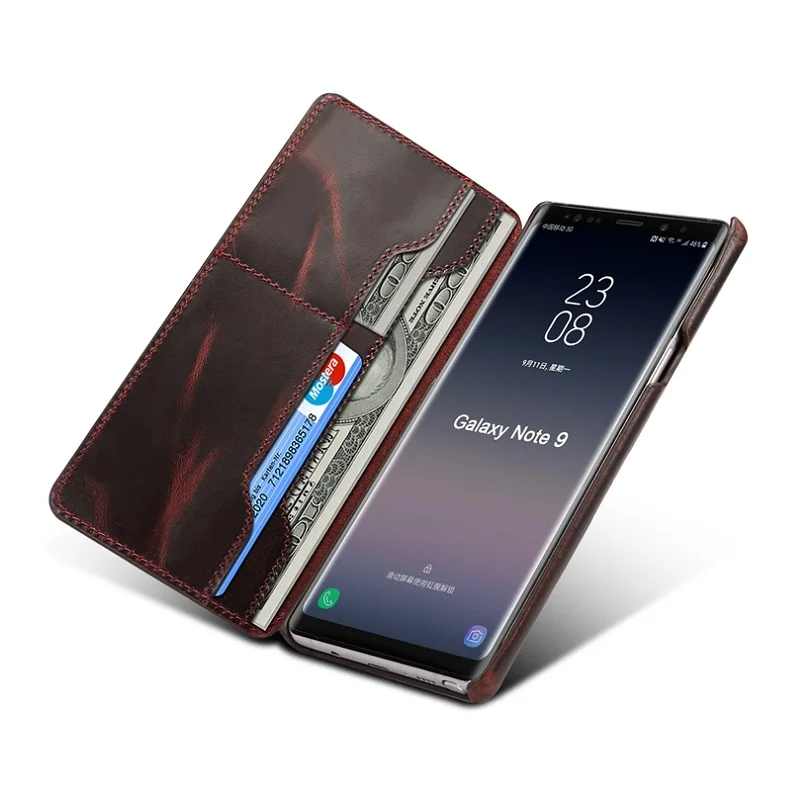 Чехол-книжка Solque из натуральной кожи для samsung Galaxy Note 9, роскошный винтажный Чехол-кошелек с отделениями для карт, чехол s - Цвет: Wine red Case