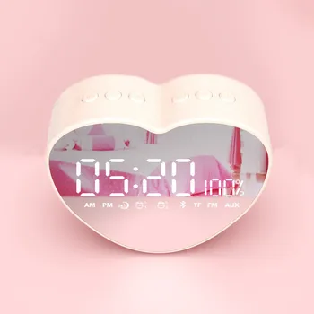 

Multifunctional Portable Heart-shaped LED Glass Mirror Bluetooth Speaker Dual Alarm Clock with Digital Display FM Radio Clock