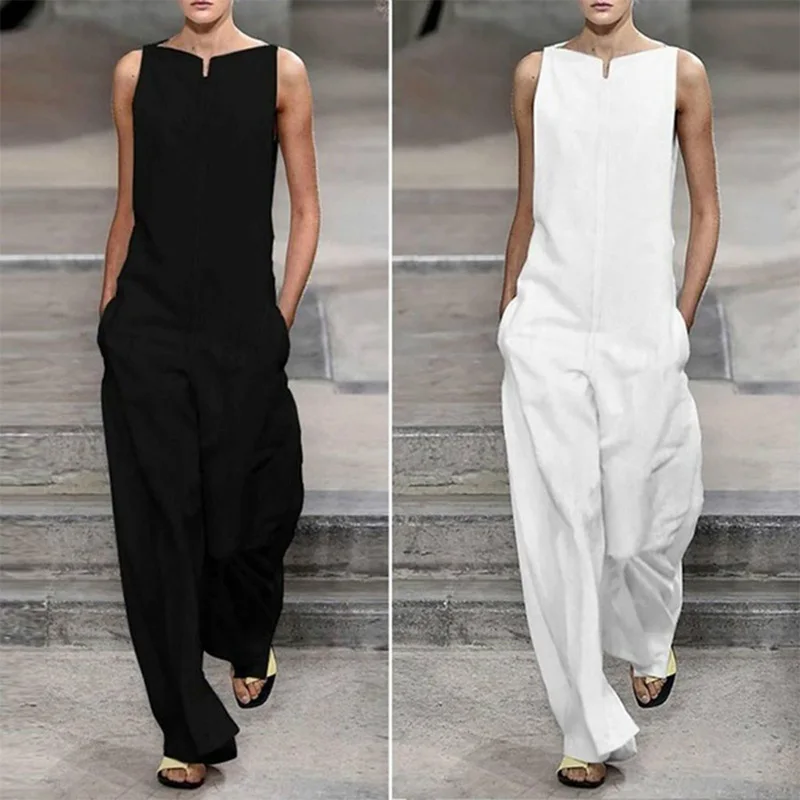 

NEW Women's White Sleeveless Wide Leg Jumpsuit Romper Slash Neck Loose Jumpsuits Women 2019 Summer Streetwear Overalls Woman XL
