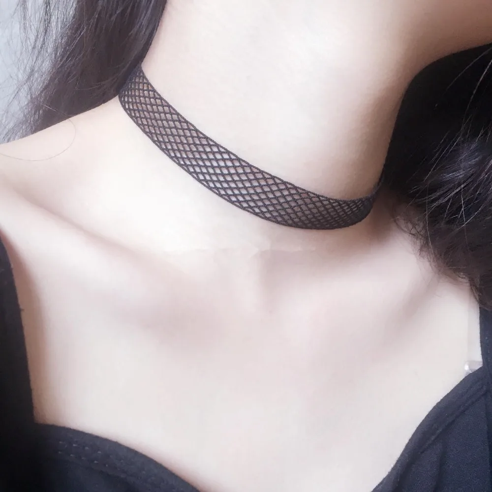 031 15 De Réductionnk235 Nouvelle Mode Clavicule Tatouage Noir Sexy Harajuku Punk élastique Grille Maille Collier Dentelle Chokers Collier Pour