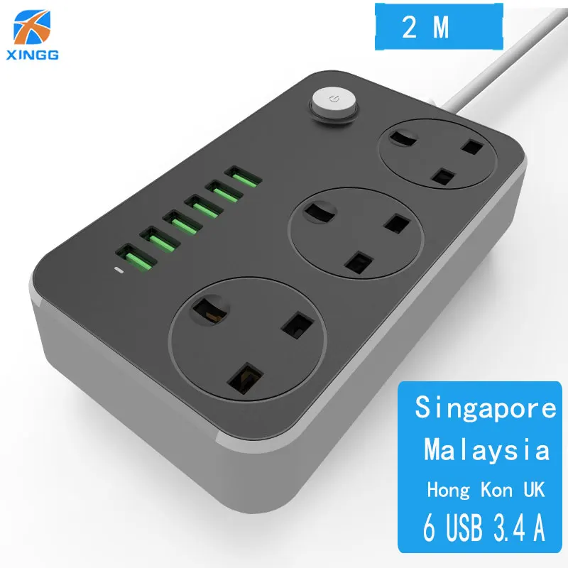 

UK 3 Pins Power Strip With Switch FUSE Multi Plug Outlets USB Extension Socket Cord Cable Surge Protector