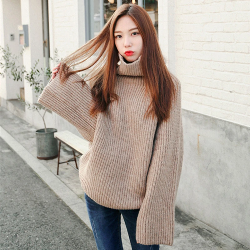 

2017 NEW women's autumn winter long style casual knit sweaters turtleneck woman college wind sweet loose flare sleeve pullovers