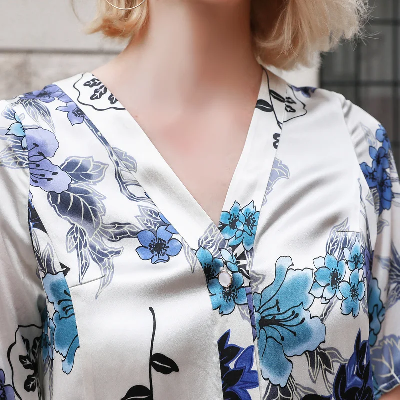 VOA V образным вырезом шелковая пятнистая блузка цветочный принт рубашка элегантные женские Топы Роскошная женская одежда Половина рукава Осень повседневные blusas W1011