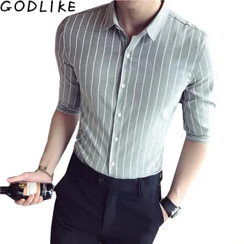 

2019 Summer Striped Shirt Men's Casual Business Vertical Striped Button Down Seven Sleeve Dress Shirts Tuxedo Shirt