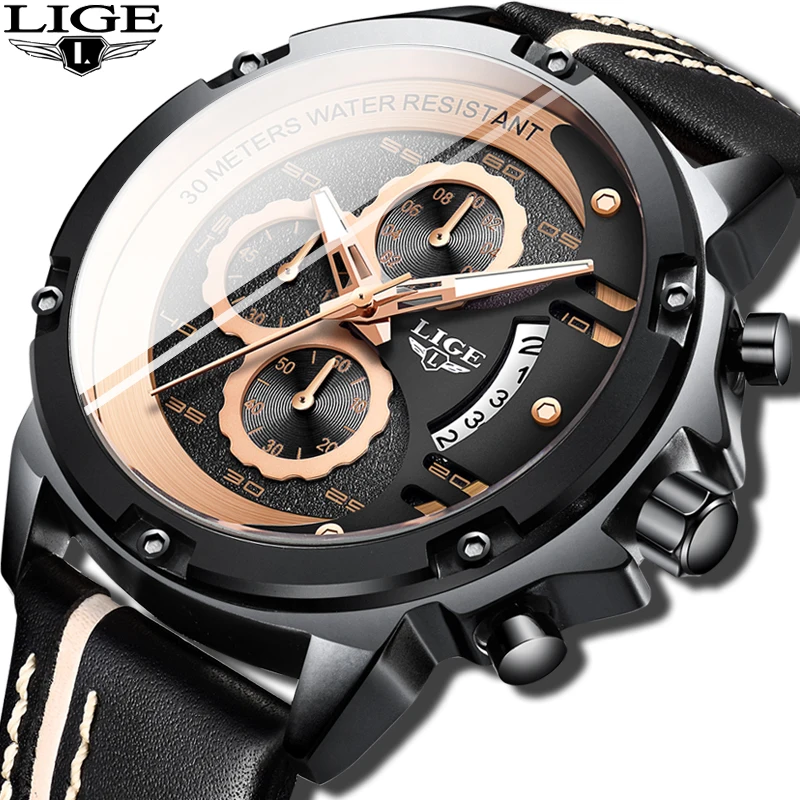 

2019 LIGE Mens Watches Top Brand Luxury Men's Fashion Sport Watch Men Casual Leather Quartz Waterproof Clock Relogio Masculino