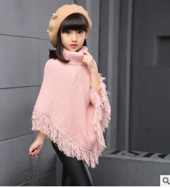 Rosiika Girls Kids Fall Knitted Pullover Sweaters Poncho Tassel Turtleneck Cloak Cape