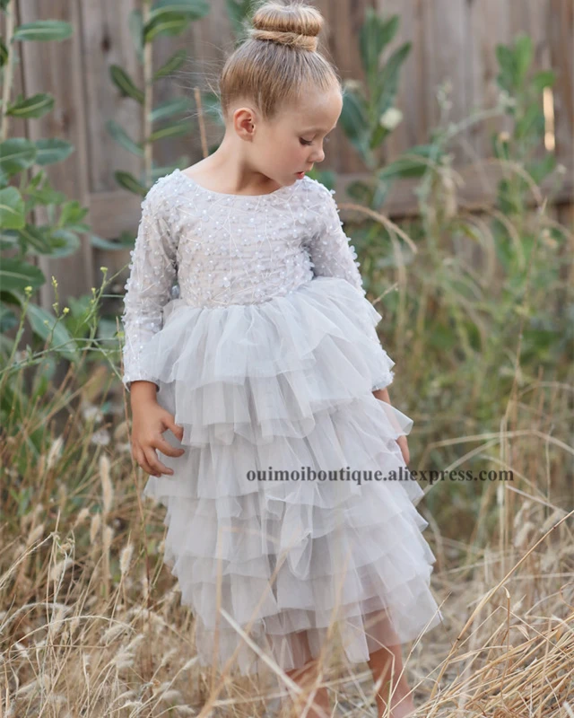 Г. Новое Платье макси с цветочным принтом и рукавами для девочек многоуровневый фатиновый длинный костюм принцессы для свадебной вечеринки, детская одежда с большим v-образным вырезом на спине