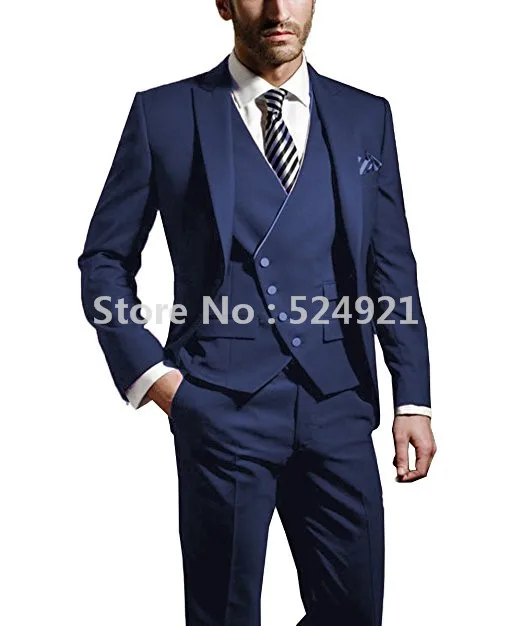 

Custom Made Groomsmen Navy Blue Groom Tuxedos Peak Lapel Men Suits Wedding/Prom Best Man Blazer ( Jacket+Pants+Vest +Tie) C306