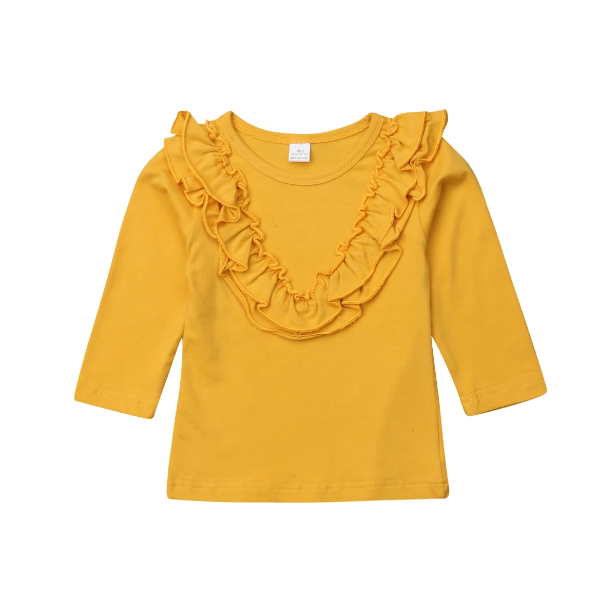 Новые брендовые винтажные хлопковые топы с длинными рукавами и гофрированным воротником для маленьких девочек, футболка, прекрасная детская одежда - Цвет: Цвет: желтый