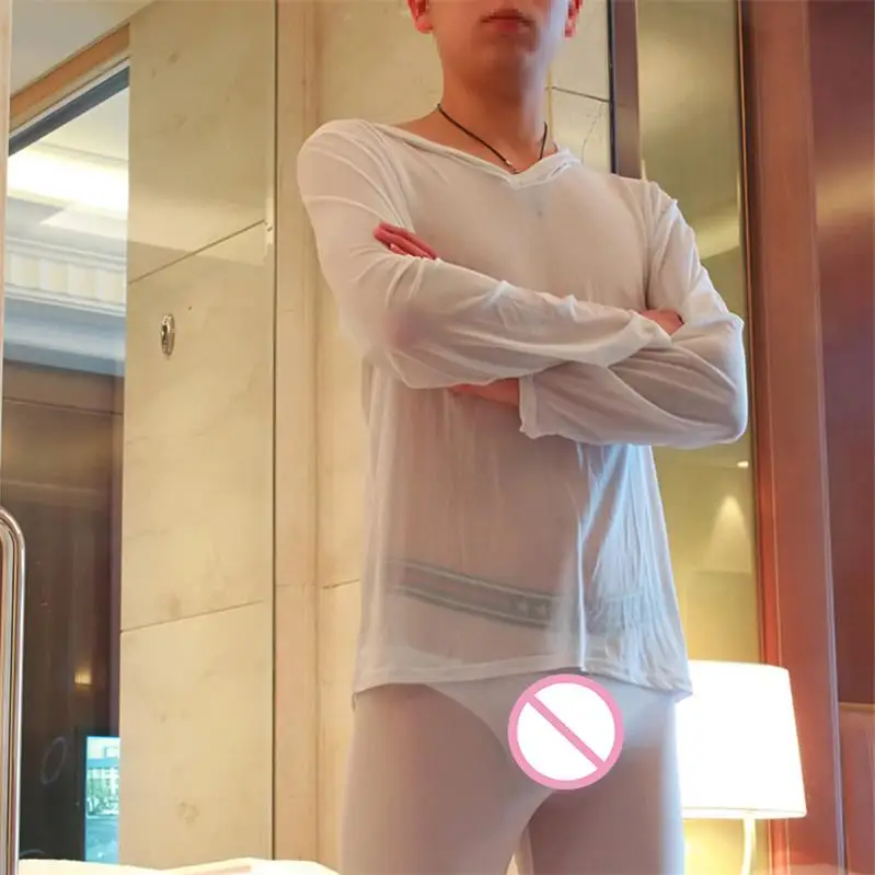 Сексуальный мужской пижамный комплект, одежда для сна, ночное белье для геев, прозрачная сетка, штаны для отдыха, эротическое белье - Цвет: white