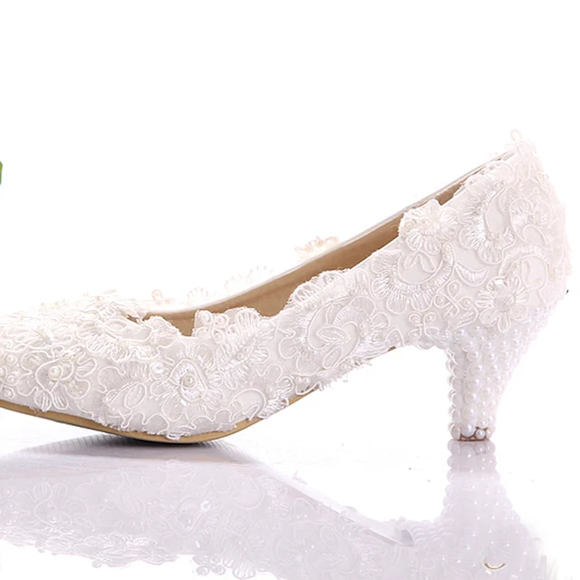 White Lace Low Heel Wedding Bridal Shoes Kitten Bridesmaid White Lace Low Heel Wedding Bridal Shoes Kitten Bridesmaid Elegant Party Embellished Prom