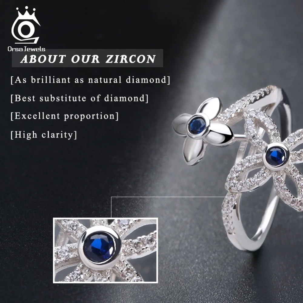 ORSA JEWELS Female's Rings Double Flowers Design AAA Blue Cubic Zirconia Fashion Ring Jewelry For Party OR45