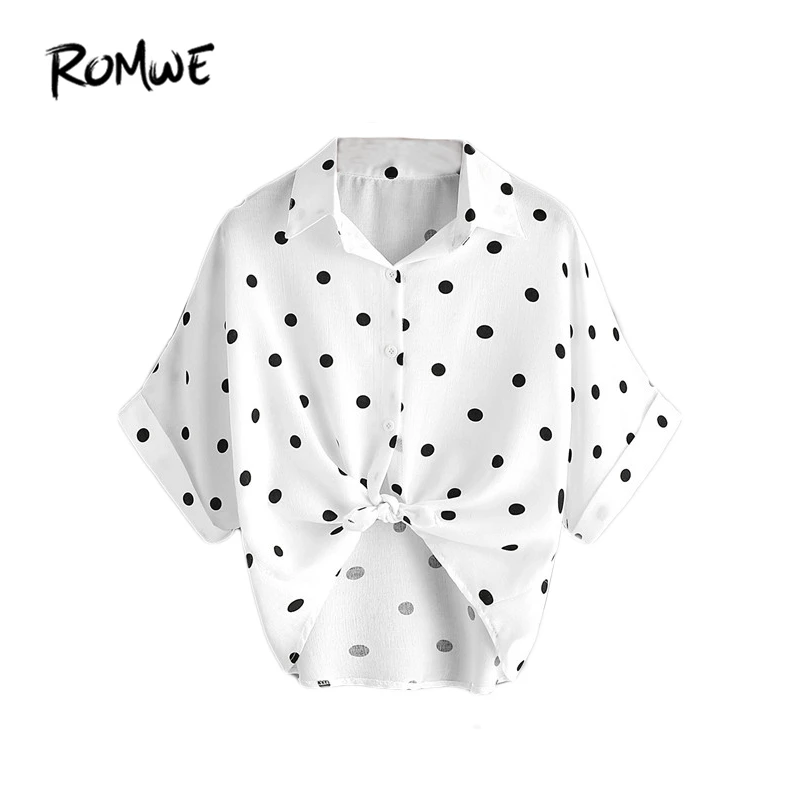 

ROMWE Ladies Summer Top White Polka Dot Knot Front Cuffed Blouse Summer Shirts Women Lapel Short Sleeve Casual Blouse