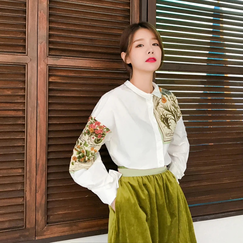  [EAM] 2020 New Autumn Winter Lapel Long Sleeve Print Pattern Single Breasted Irregular Shirt Women 