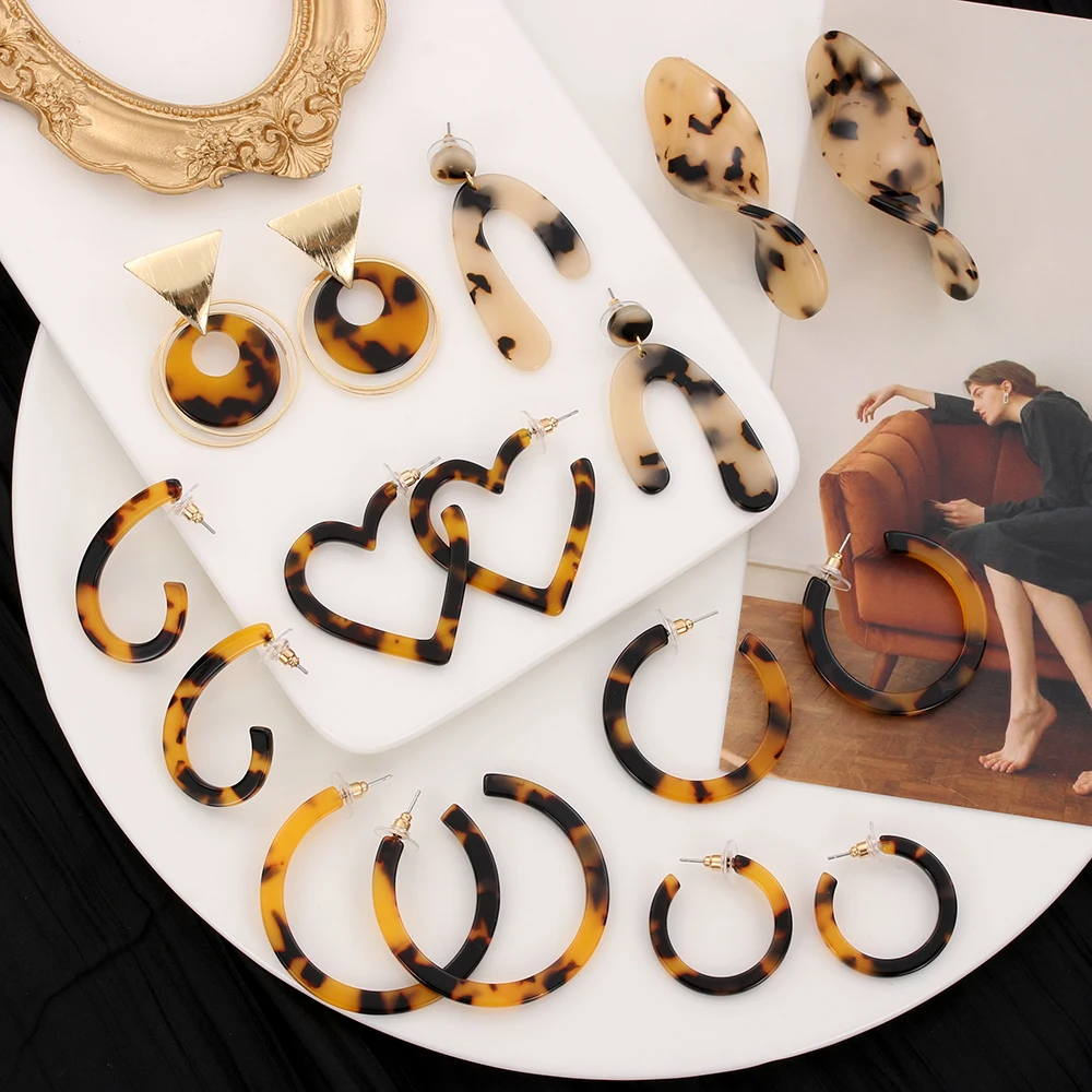 

1Pair Geometric Leopard Print Long drop Earrings Tortoiseshell Acetate Resin Heart Star Circle Earring Women Jewelry Accessories