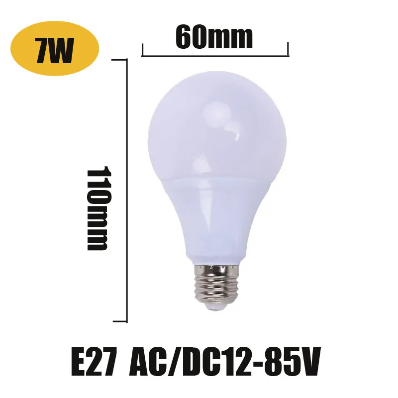 Светодиодный светильник DC/AC 12-85V E27 3w 7w 9w 12w 15w bombilla охлаждающий пластиковый Плакированный Алюминий для солнечного освещения кемпинга корабля локомотив - Испускаемый цвет: 7w E27 AC-DC12-85V