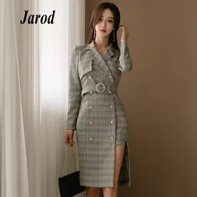 Осеннее корейское формальное платье-футляр для работы, женское клетчатое облегающее офисное двубортное платье с длинным рукавом и зубчатым воротником