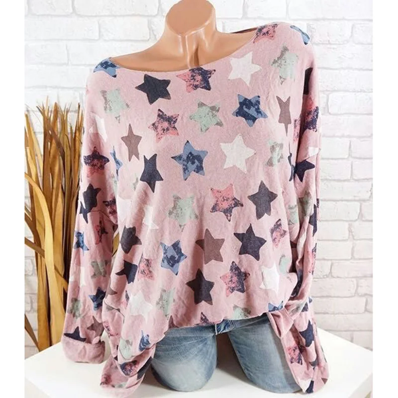 Женская футболка размера плюс S-5XL с круглым вырезом и принтом звезды, свободные пуловеры с длинным рукавом, женская рубашка, осень, повседневная женская розовая футболка - Цвет: A0444-fense