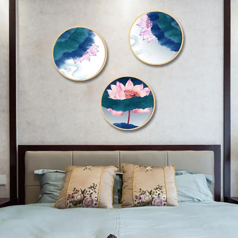 

Chinese style solid wood round decorative painting simple modern living room home painting restaurant HD Lotus ink painting