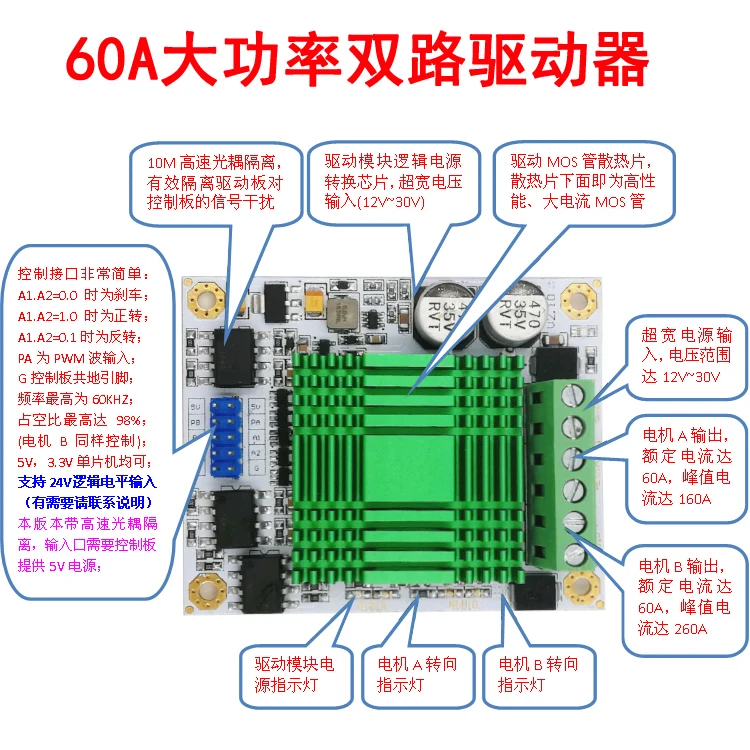 Модуль привода двигателя DC драйвер мотора 60A двухканальный высокой мощности h-мост изоляции сцепного устройства