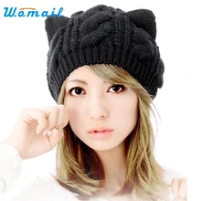 Womail Good Deal New Fashion Women’s Black Cotton Cat Ears Hemp Flowers Knitted Hat Gift 1PC