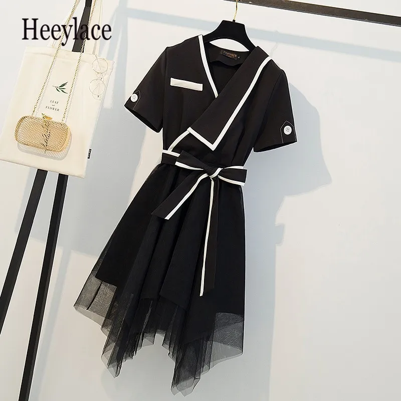 

High Quality 2019 Summer Fashion Office dress Women V-Neck short Sleeve Crop StripeTops With Mesh Dress Plus Size S-5XL