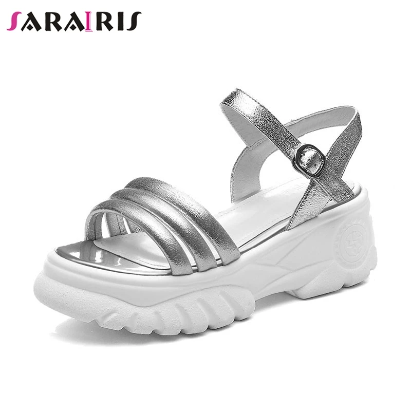 

SARAIRIS 2019 Brand New Big Size 34-42 women's Genuine Leather Flat Platform Shoes Woman Casual Party Ol Summer Sandals