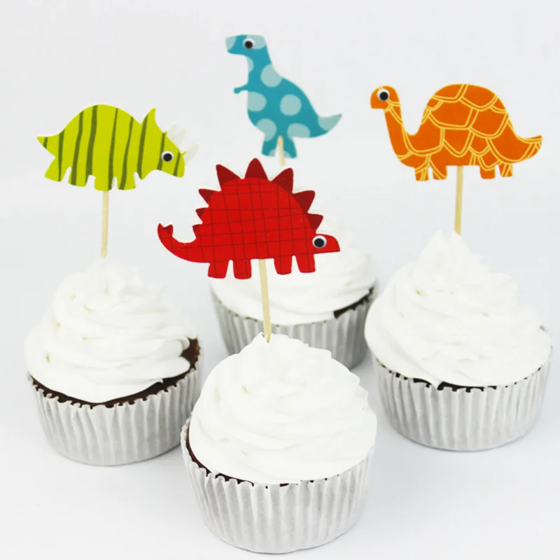 

24 Pcs/lot Cute Dinosaur Party Cupcake Toppers Happy Birthday Party Baby Shower Children Party Decor Kids Cake Decorations