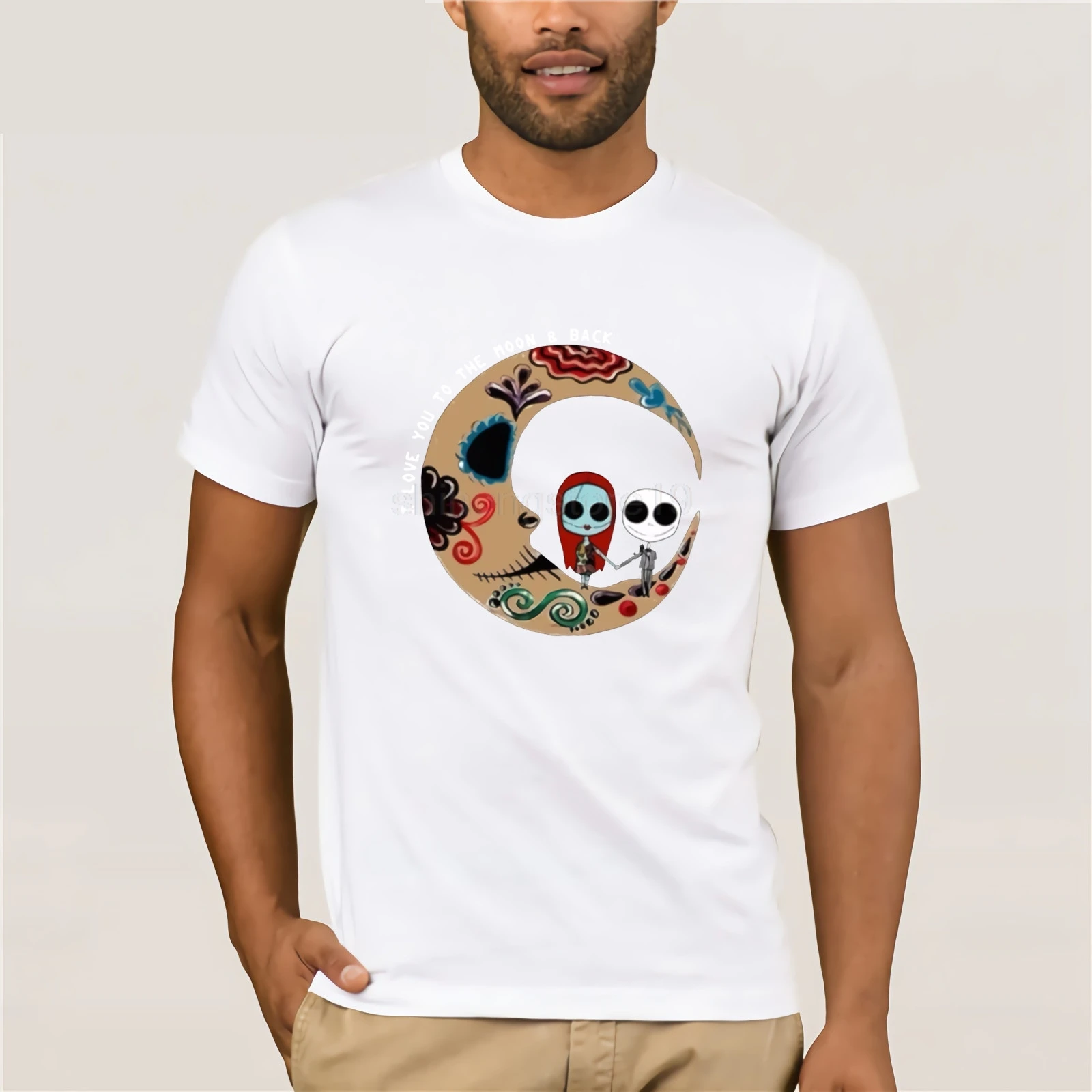 I Love You To The Moon And Back Tim Burton Inspired Day Of The Death T-Shirt Brand Cotton Men Clothing Male Slim Fit T Shirt