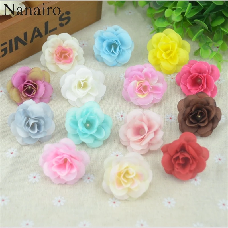 50 Pcs 4cm Handmade Mini Artificial Silk Rose Flowers Heads DIY Scrapbooking Flower Kiss Ball For Wedding Decorative