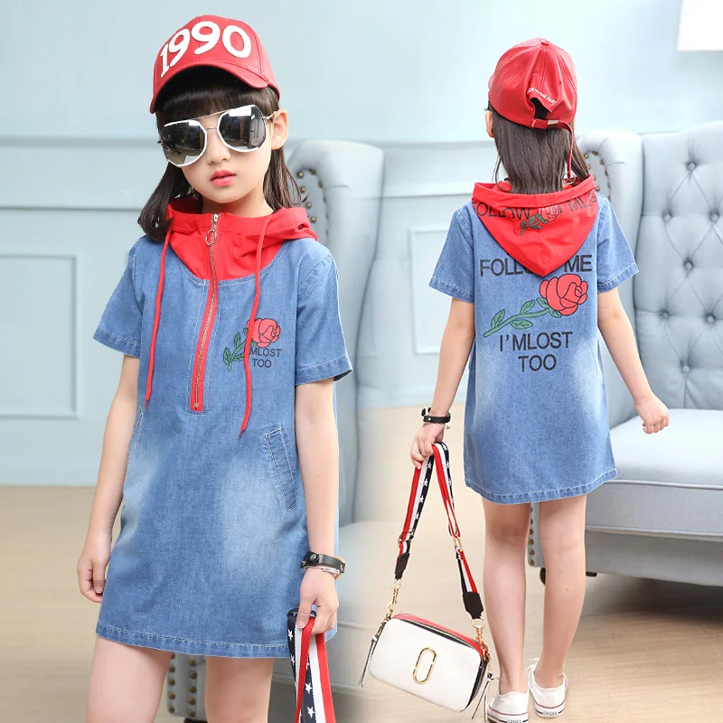 

Summer Girls Jeans Dress with hat 2019 New Casual Kids Dresses for Girls Clothing Jeans dress 5 6 9 Years Clothes TTX87