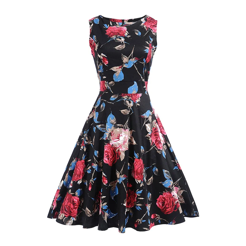 Kostlish Print Summer Dress Women 2017 Sleeveless Big Swing Belt Tunic Vintage Dress Elegant Rockabilly Party Dresses Sundress (9)