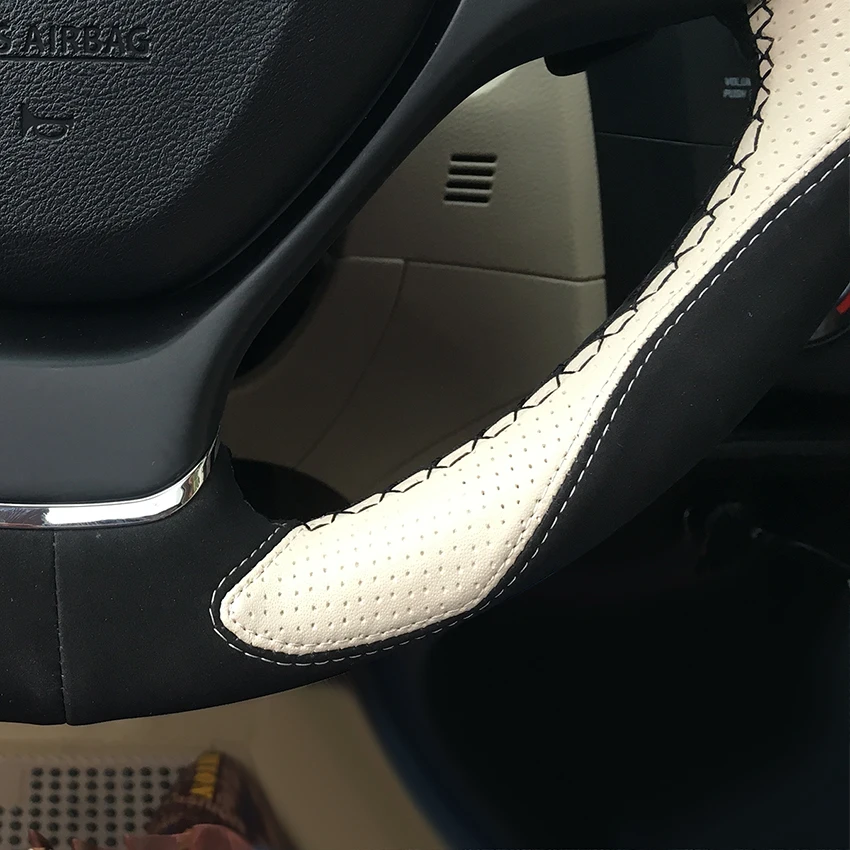 Hand-stitched Black Suede Beige Leather Car Steering Wheel Cover for Suzuki Baleno- Alivio