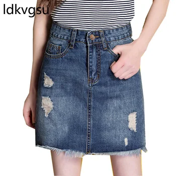 

Denim Skirt High Waist A-line Mini Skirts Women 2019 Summer New Arrivals Hole Cowboy Skirts Vintage Female Saia Jeans S-3XL f85