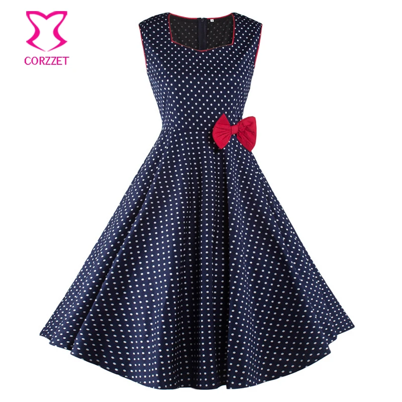 

Sleeveless Tank Blue Cotton White Polka Dot Vintage Dress With Red Bow High Waist Autumn Dress Women Vestidos De Playa