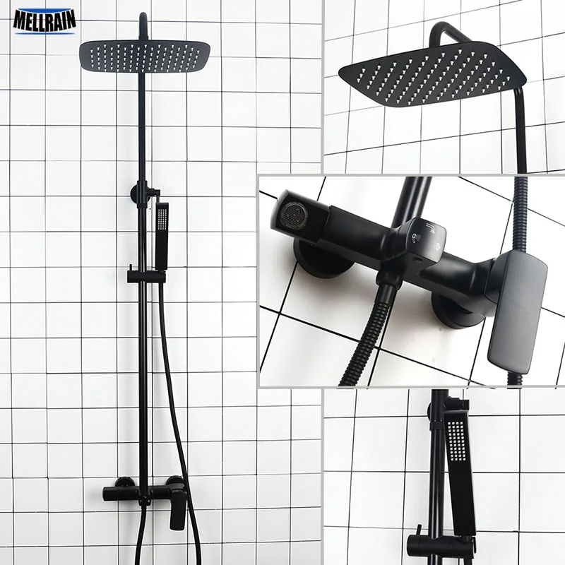 Black & Brushed Gold Bathroom Shower Set Luxurious Solid Brass Bath