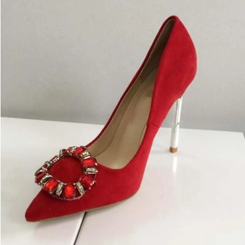

New Pointu Toe Crystal Iron High Heels Slip-on Stilettos All-match Rhinestone Single Shoes Sapato Feminino Female Party Shoes