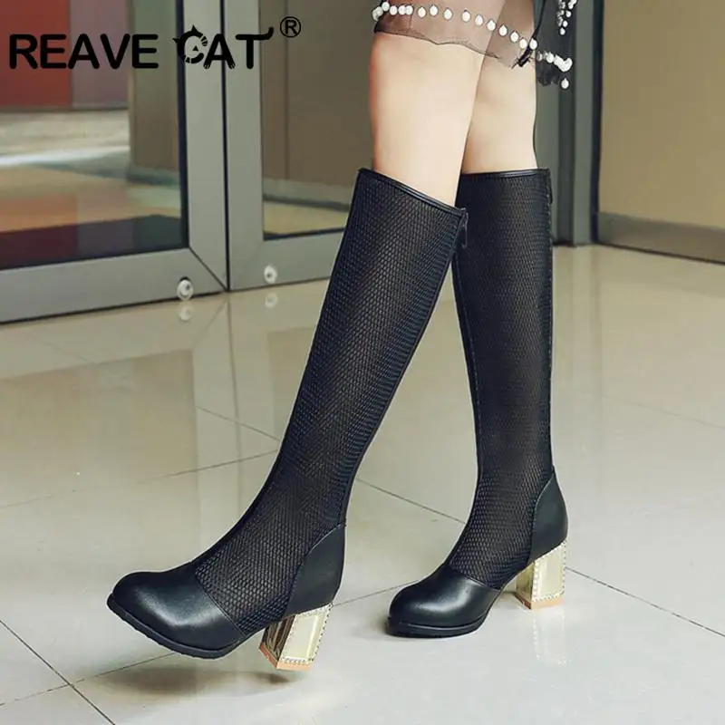 

REAVE CAT Women's Square High Heels round Toe Summer boots sandals Breathable Knee Boots for women zipper hollow thick heel shoe