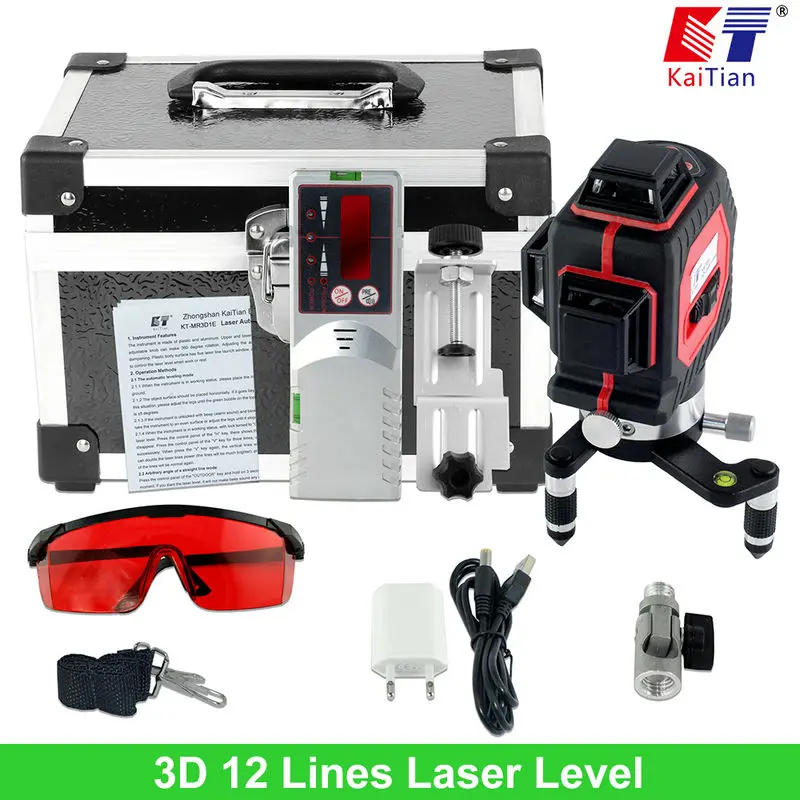 KaiTian 3D Laser Levels Outdoor 650nm 12 Lines Cross Level with Slash Function and Self Leveling 360 Rotary Red Laser Beam Tools