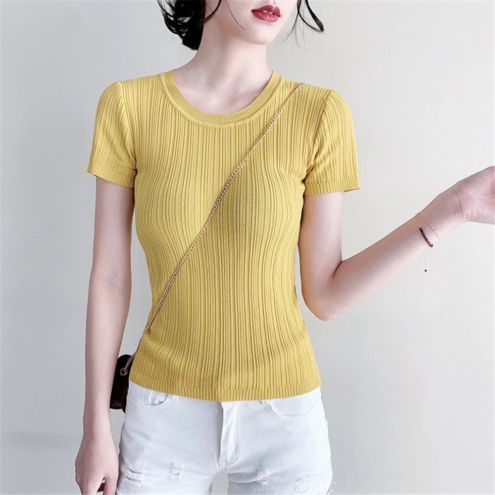 Women s Summer Knitted Ball Sweater Solid Color Cotton Round Neck Short Sleeve Fashion Elastic Striped Girl Sweet Slim T-Shirt