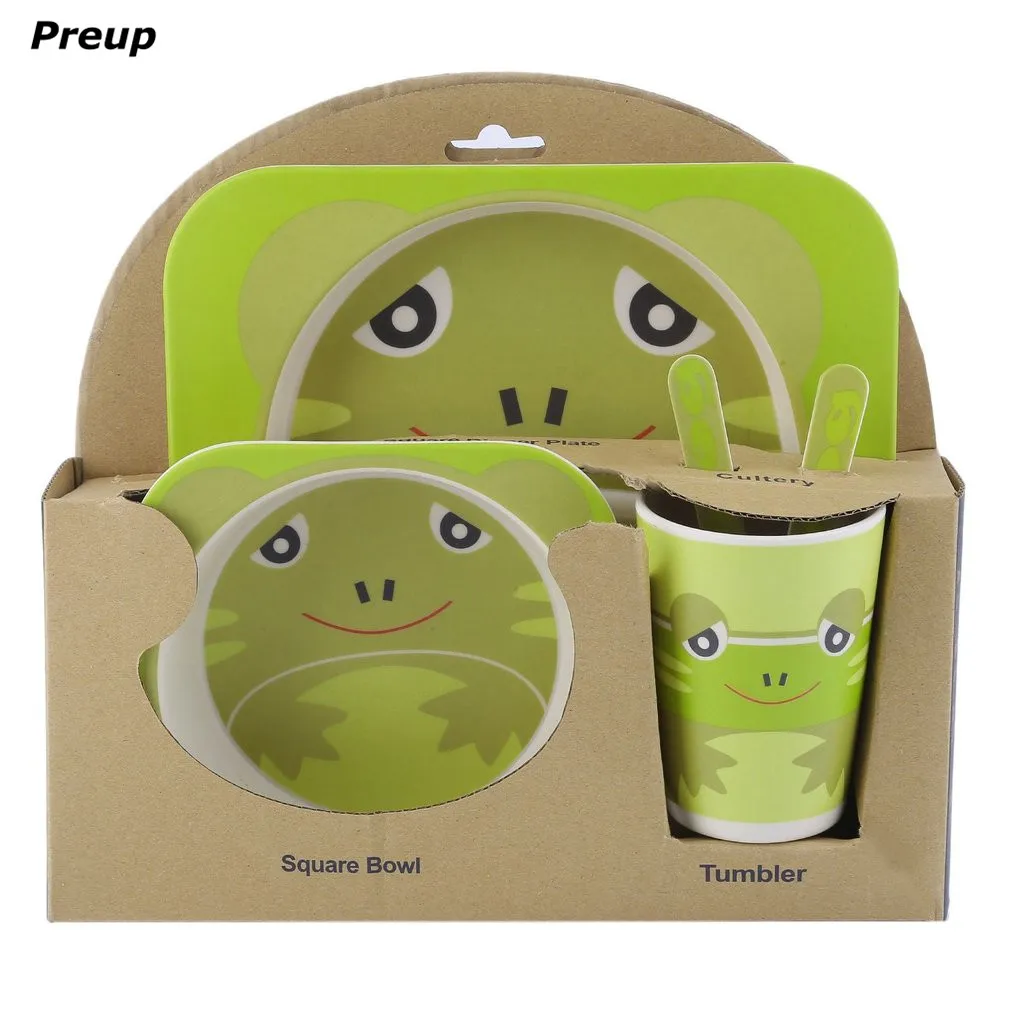 

PREUP BPA Free Eco Friendly 5pcs Toddler Baby Feeding Set Bowl Dish Fork Spoon Bottle Dinnerware Kit Baby Dishes Shipping Free